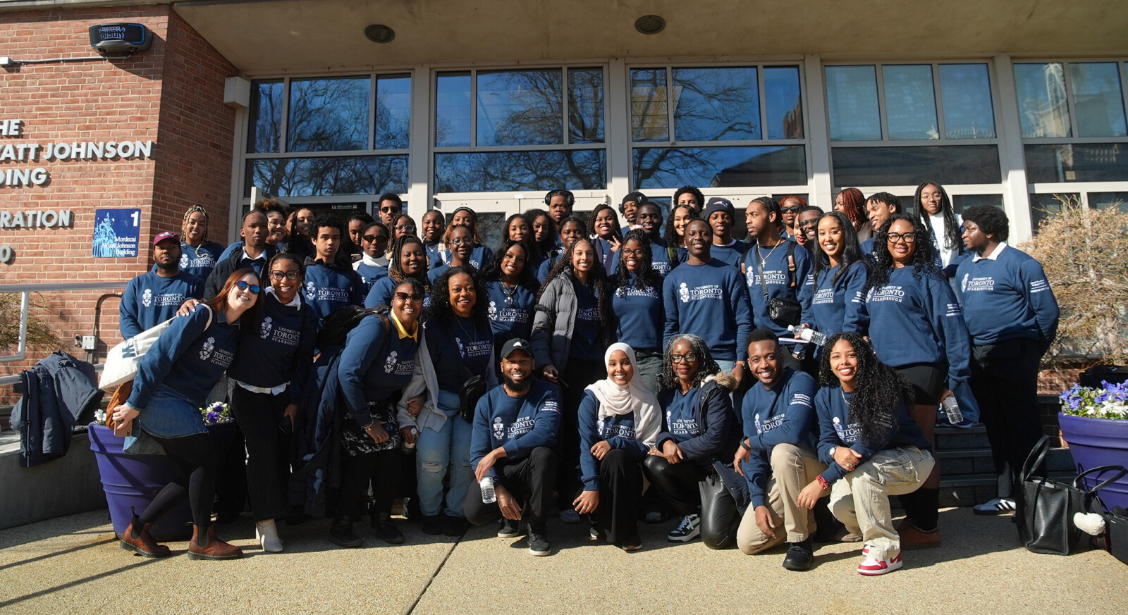 Students from UTSC Black Student Engagement program post as a group at the Howard University Campus in Washington D.C.