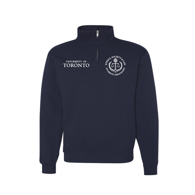 navy quarter-zip sweater with ethic society and law logo on left chest